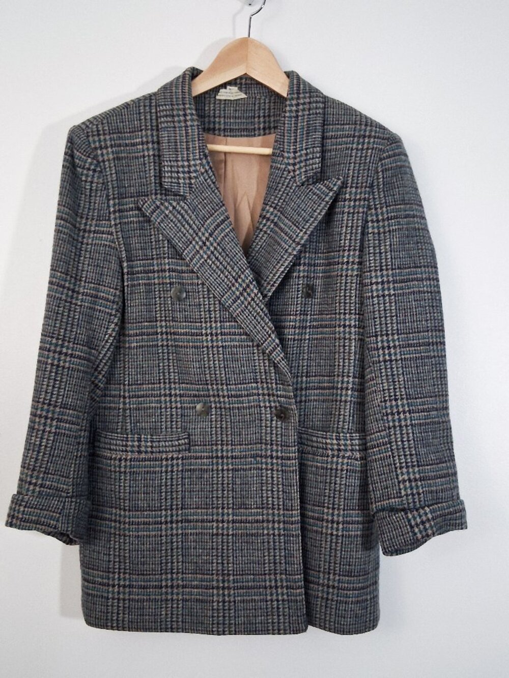 Vintage Wool Plaid Blazer EGO FASHIONS 80s Houndstooth Double Breasted